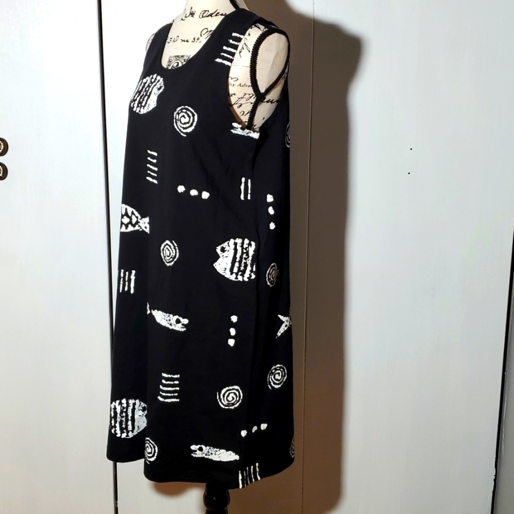 M.Mac| Black/White Midi Dress Beach Novelty Fish Print Resortwear Sz. Medium